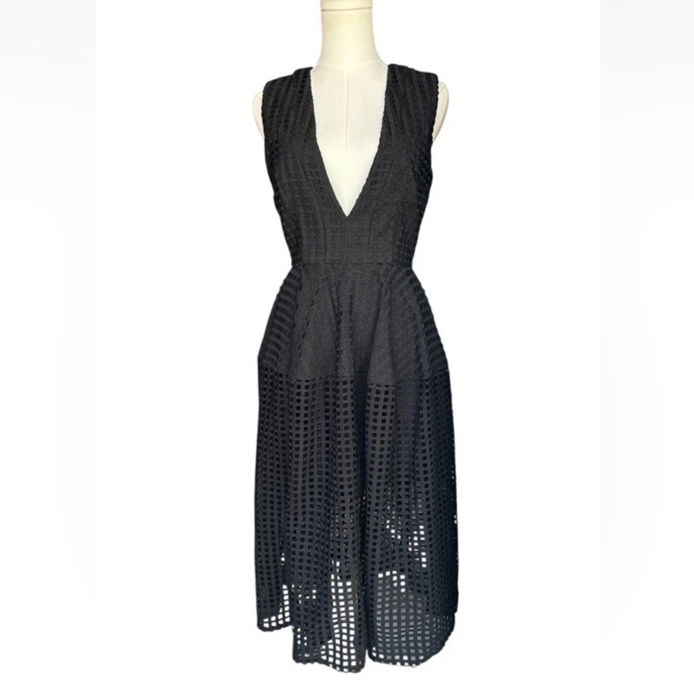 Nicholas Black Grid Lace Deep V Ball Midi Dress Size US 4 - Picture 7 of 13